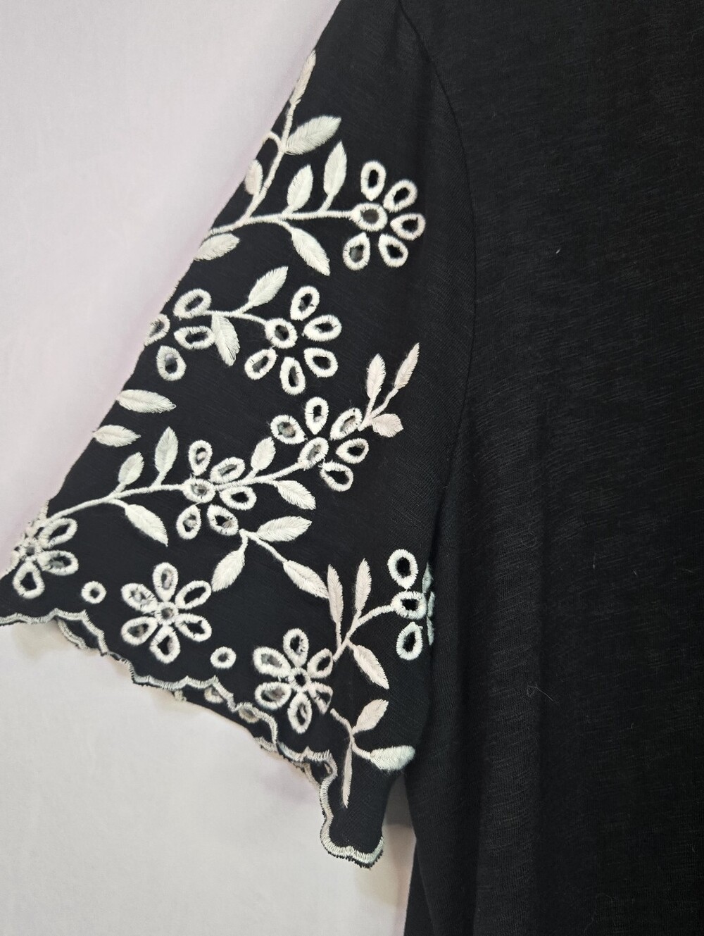 Chico's Size 2 Black Cotton V-neck Midi Dress, White Embroidery Short Sleeves - Picture 5 of 12